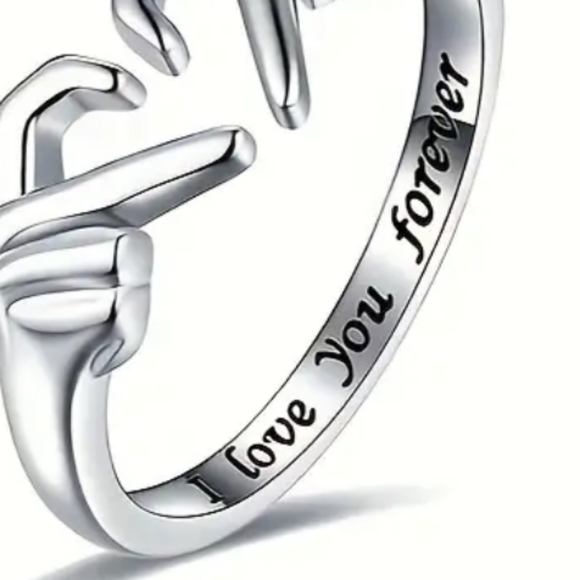 925 Sterling Silver Double Hands Heart Ring Love Hands Open Adjustable Ring - Picture 3 of 6